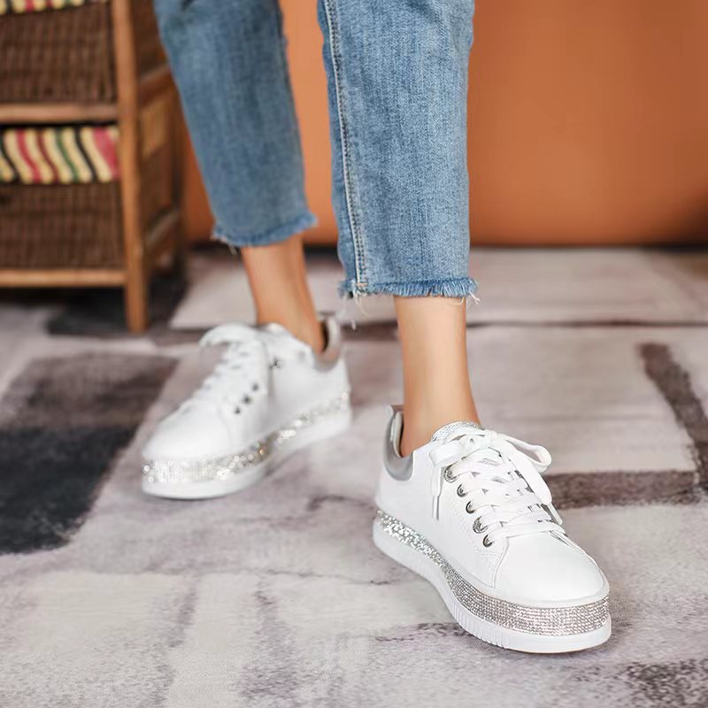 White Leather Crystal Sneakers, Casual Sequin Platform Shoe LVSNKLUX ...