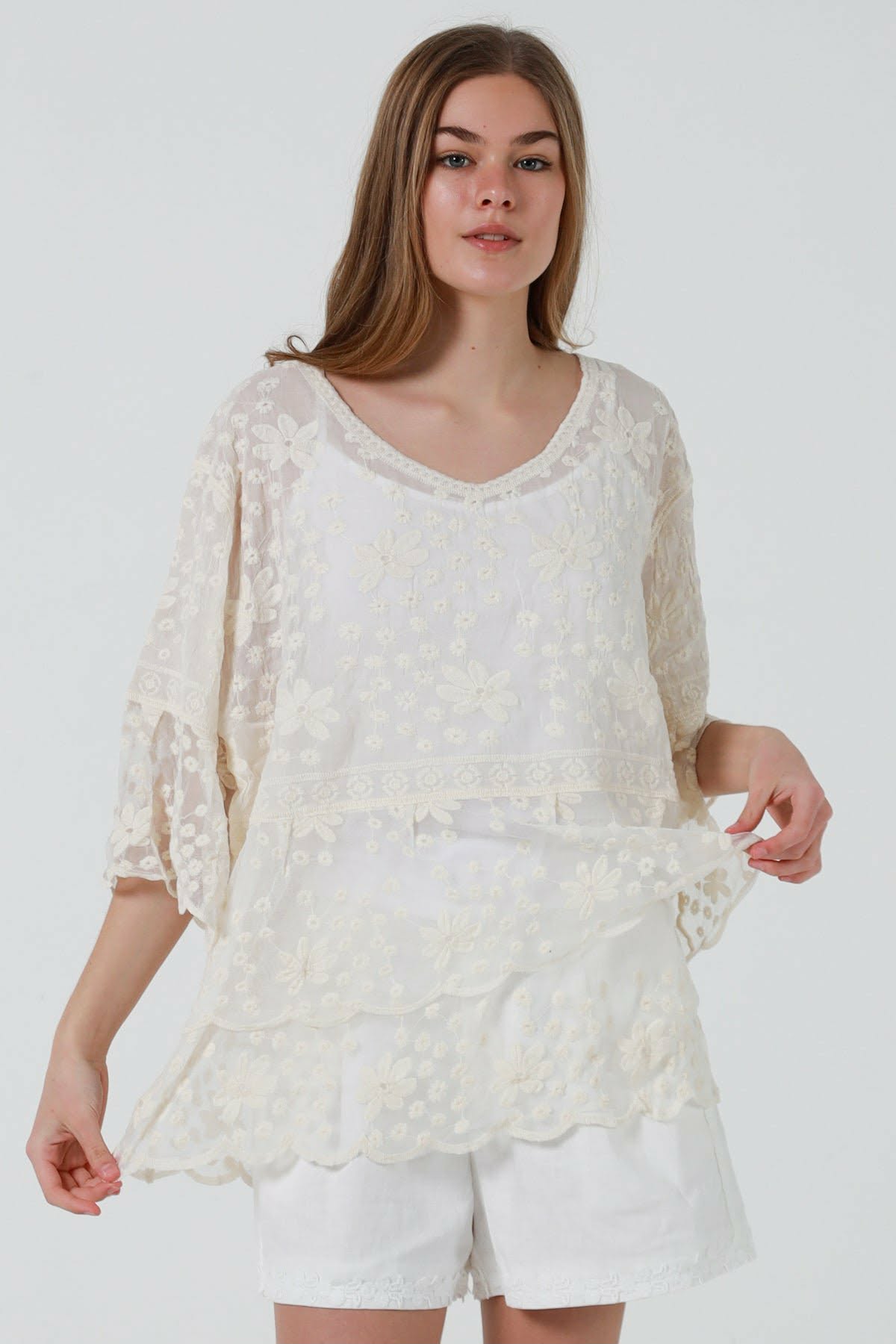 Cotton Embroidered Pink, White OR Cream Tiered Top with Lace - Image 8