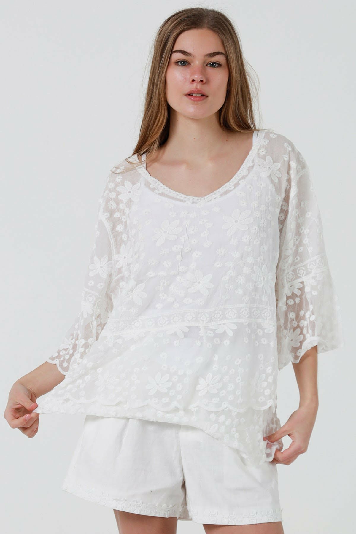 Cotton Embroidered Pink, White OR Cream Tiered Top with Lace - Image 7
