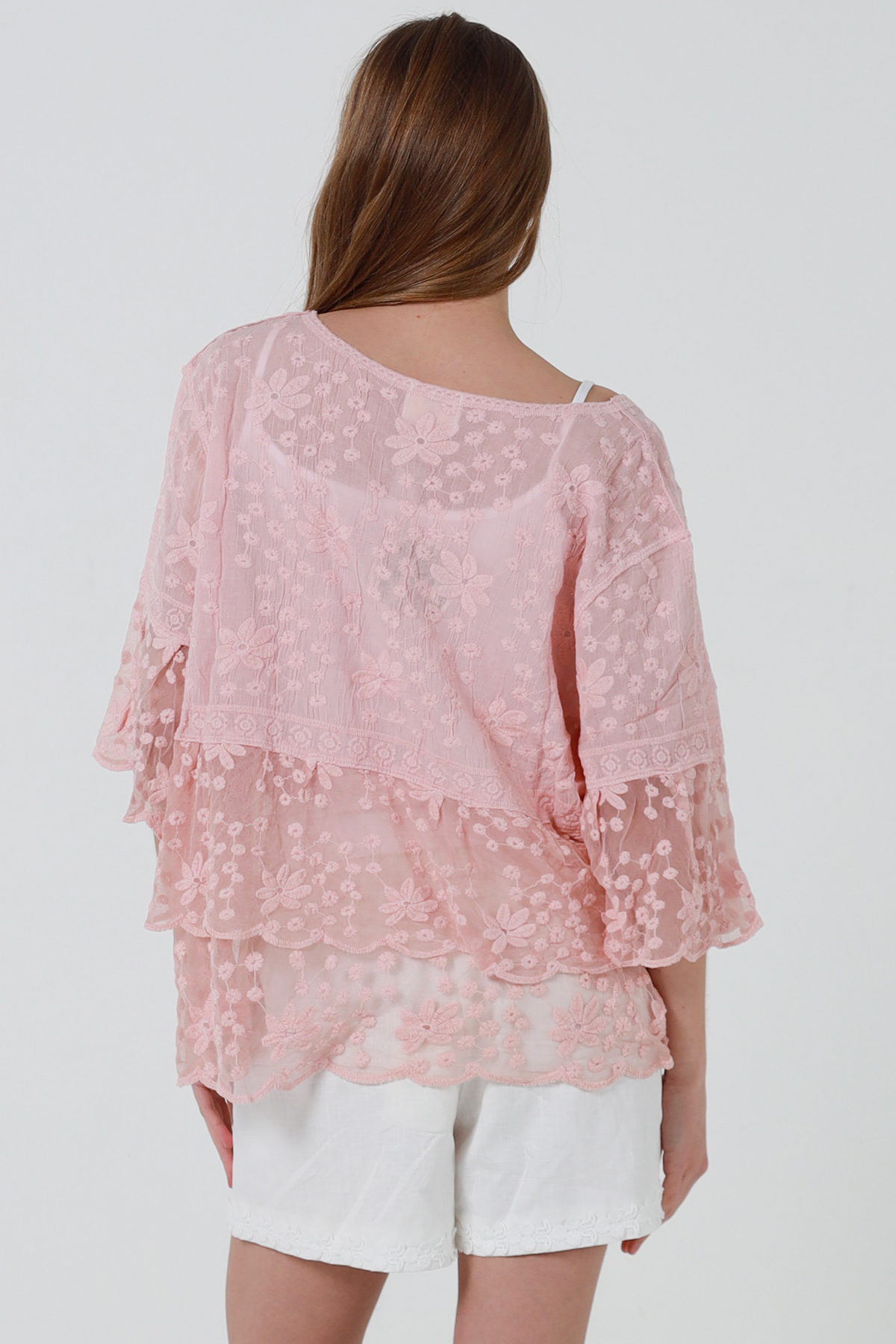 Cotton Embroidered Pink, White OR Cream Tiered Top with Lace - Image 2