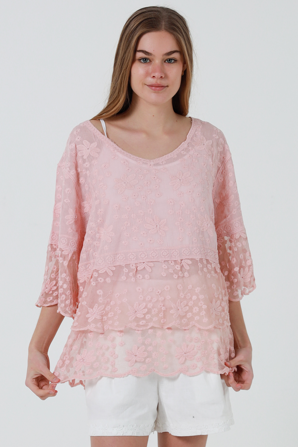 Cotton Embroidered Pink, White OR Cream Tiered Top with Lace